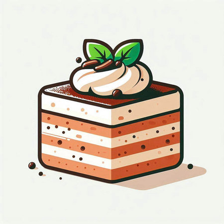 Piece of cake with whipped cream and mint. Vector illustration.