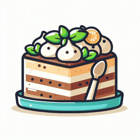 Cake with cream and mint on white background. Vector illustration.