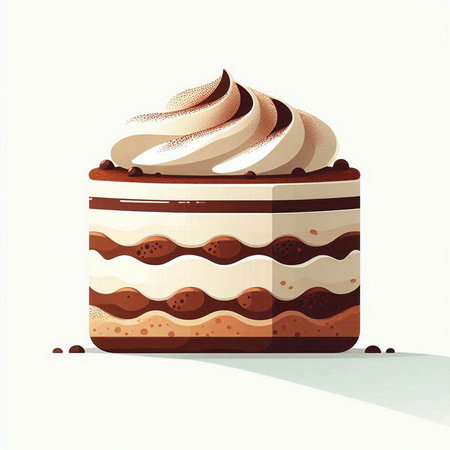 Illustration of a chocolate cake with whipped cream on a white background