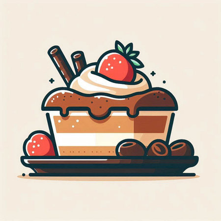 Cake with whipped cream, strawberries and cinnamon. Vector illustration.