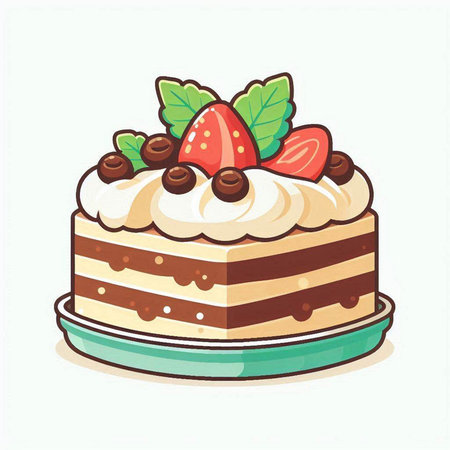 Illustration of a cake with strawberries, chocolate and mint on a white background
