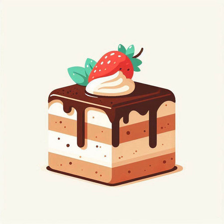 Piece of cake with cream and strawberry on top. Vector illustration