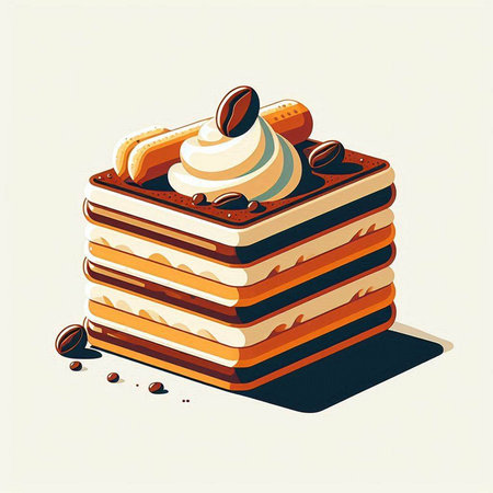 Illustration of a tiramisu cake with whipped cream and coffee beans