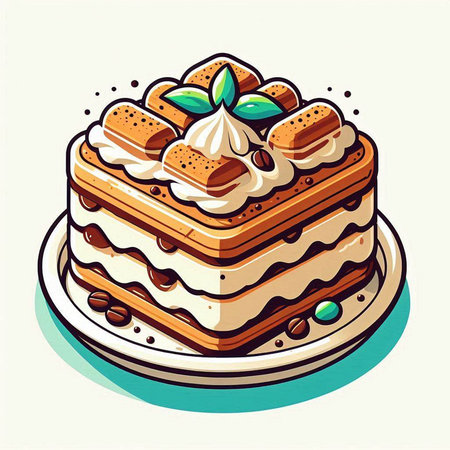 Tiramisu cake on a white background. Vector illustration.