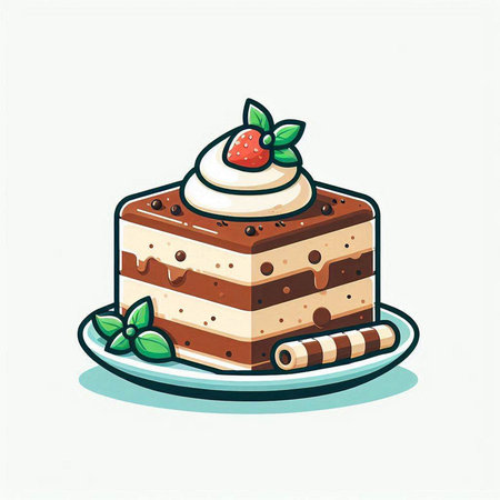 Piece of chocolate cake with whipped cream and mint leaves. Vector illustration.