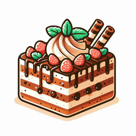 Hand drawn vector illustration of a chocolate cake with whipped cream and strawberries.