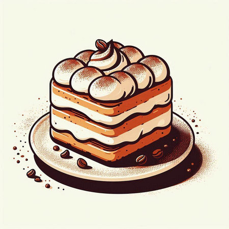 Illustration of tiramisu cake with cream and coffee beans.