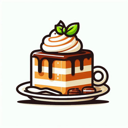 Piece of cake with whipped cream and mint. Vector illustration.