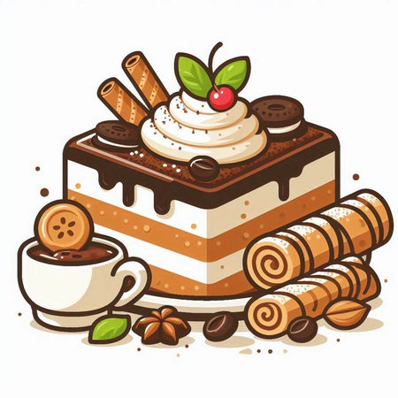 Illustration of a piece of cake with cream, coffee and cookies