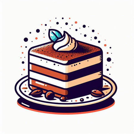 Coffee cake with whipped cream and coffee beans. Vector illustration.