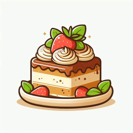 Piece of cake with strawberries and whipped cream, vector illustration.