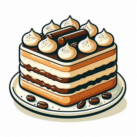Vector illustration of a tiramisu cake on a white background.