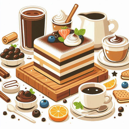 Coffee and cake on a wooden board. Vector illustration.