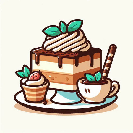 Illustration of a piece of cake with ice cream and a cup of coffeeのイラスト素材