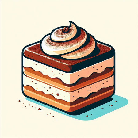 Illustration of a cake with cream on a beige background.