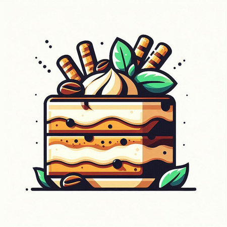 Piece of cake with cream and wafer rolls, vector illustration.