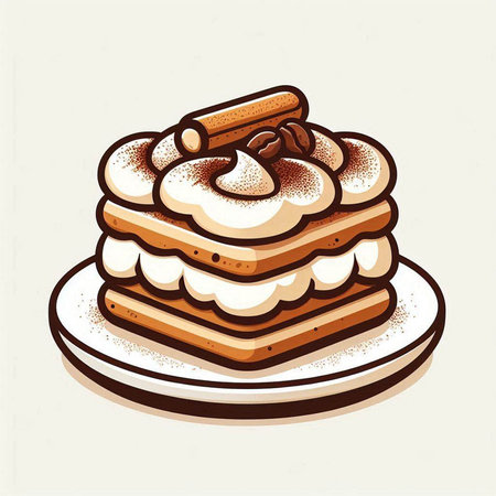 Illustration of a stack of waffles with cream and cinnamon.