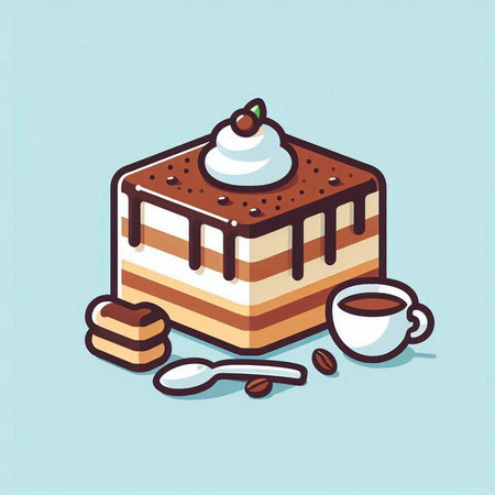 Illustration of a piece of cake with whipped cream and coffee beans