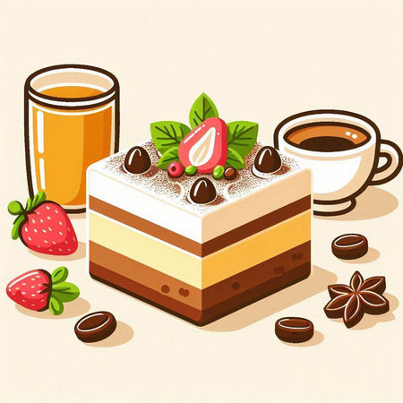 Illustration of a chocolate cake and a cup of coffee on a light background