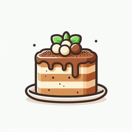 Cake icon. Vector illustration of cake with chocolate cream and berries.
