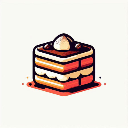 Illustration of a tiramisu cake with ice cream on a white background