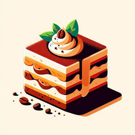 Illustration of a tiramisu cake with cream and coffee beans