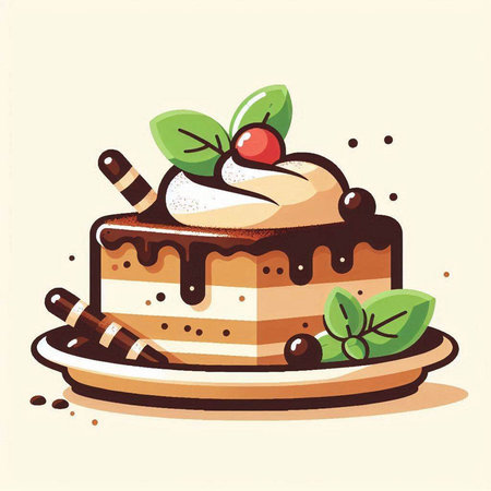 Piece of cake with whipped cream and cherries, vector illustration