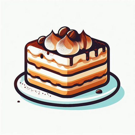 Illustration of a piece of cake with whipped cream. Vector illustration.