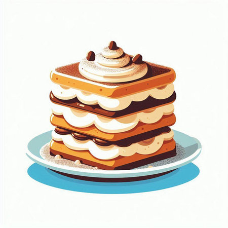 Illustration of a piece of cake on a plate. Vector illustration.