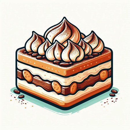 Vector illustration of a piece of cake with whipped cream and coffee beans