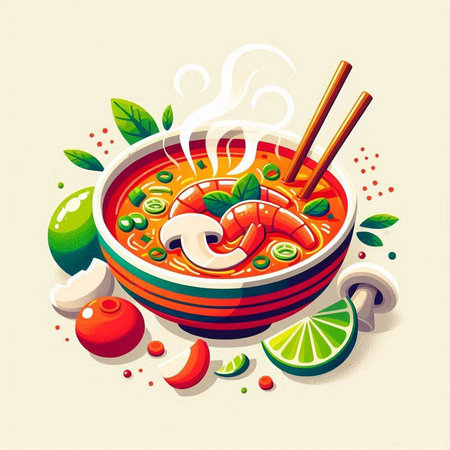 Illustration of soup with shrimps, lime and chopsticks