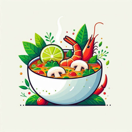 Tom Yum soup with shrimps and vegetables. Vector illustration.