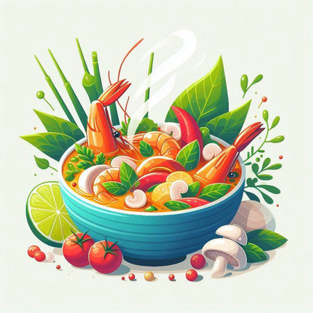 Illustration of a bowl of shrimp with vegetables, herbs and spices