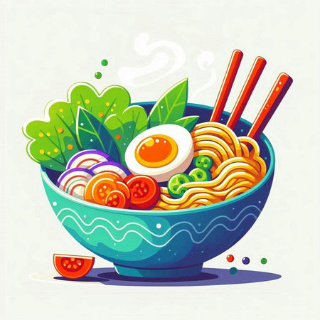 Illustration of Asian noodle bowl with chopsticks and egg.