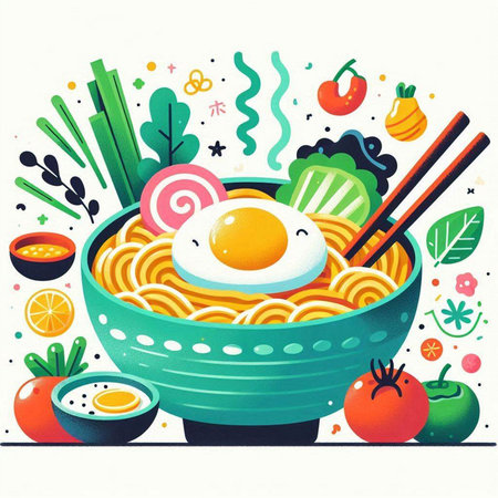 Bowl of ramen noodle with fried egg and vegetables. Vector illustration.