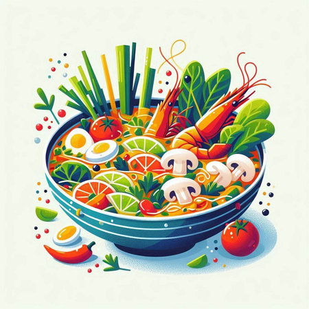 Vector illustration of a bowl of vegetable salad with shrimps and vegetables