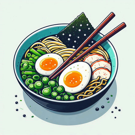 Illustration of a bowl of ramen noodle with egg and chopsticks
