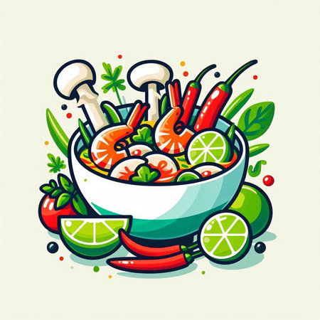 Vector illustration of a bowl of shrimps, vegetables and herbs