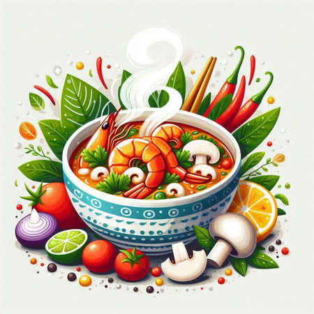Seafood soup with shrimps and vegetables in bowl. Vector illustration.