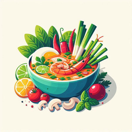 Tom Yum Goong, Thai spicy soup with shrimp, vegetables, mushrooms and greens. Vector illustration.