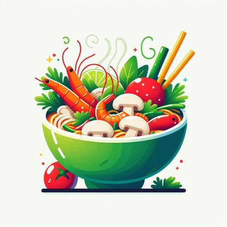 Vector illustration of a bowl of noodles with shrimps and vegetables