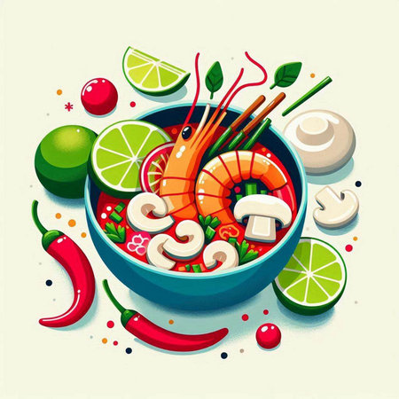 Illustration of a bowl of spicy seafood soup with shrimp, mushrooms and vegetables
