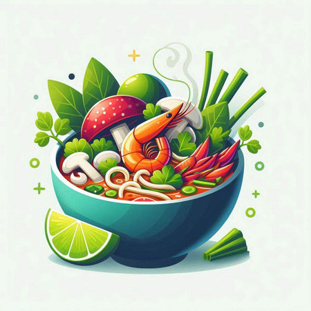 Noodle soup with shrimps and vegetables in bowl. Vector illustration.
