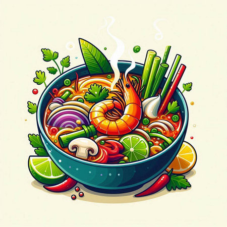 Vegetable soup with shrimps and vegetables in bowl, vector illustration