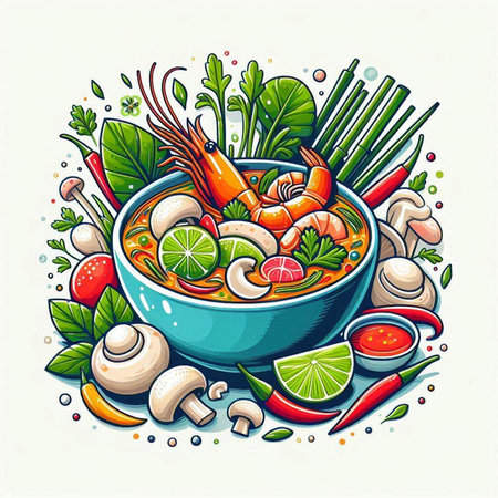 Illustration of soup with shrimps and vegetables in bowl.