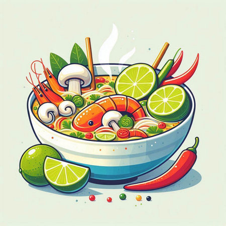 Illustration of a bowl of spicy seafood soup with lime and pepper