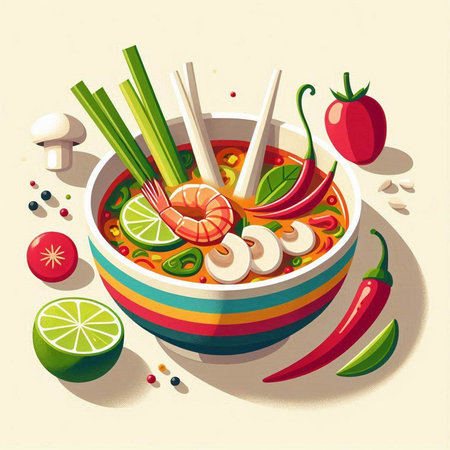 Tom Yum soup with shrimps and vegetables. Vector illustration.