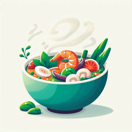 Vegetable salad with shrimps in a bowl. Vector illustration.のイラスト素材