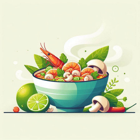 Tom Yum soup with shrimps and mushrooms. Vector illustration.のイラスト素材