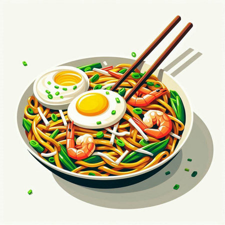Noodle with shrimps and egg in bowl. Vector illustration.